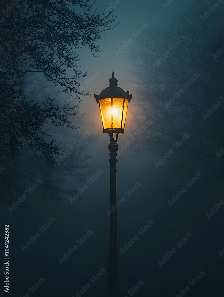 Dimly Lit Streetlamp Barely Piercing Through Foggy Nighttime Darkness Depicting Isolation and Eerie Quiet