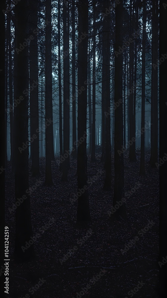 Fototapeta premium Dark and Mysterious Forest with Shadowy Trees and Undefined Depths