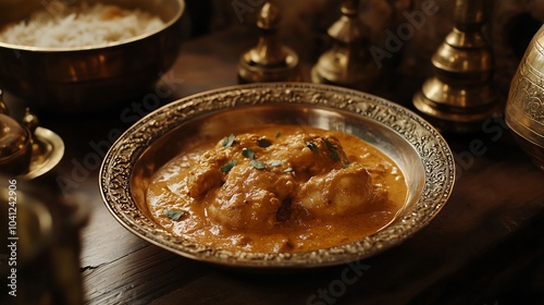 Traditional Indian butter chicken Murgh Makhani dish, cuisine, curry, silver plate, spicy