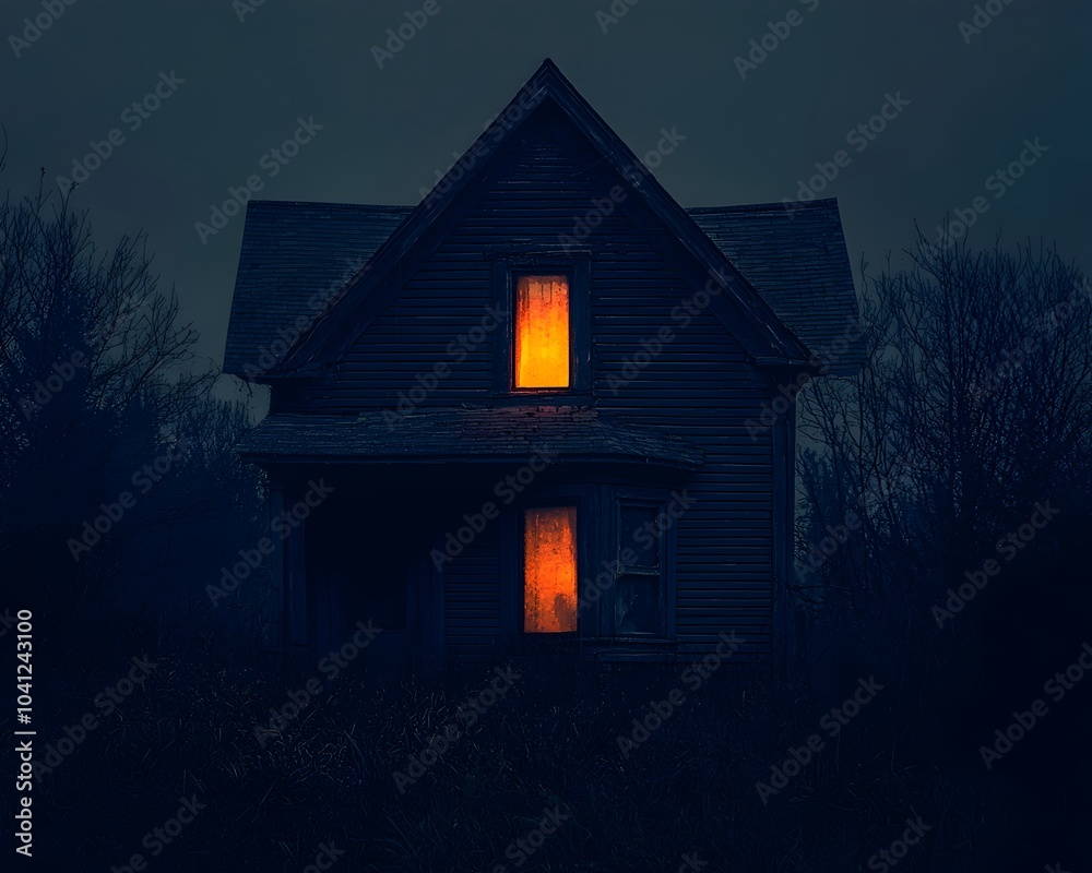 Abandoned House with Faint Glow in the Darkness Symbolic of Forgotten Memories and the Lingering Past Abandoned House with Faint Glow in the Darkness Symbolic of Forgotten Memories and the Lingering Past