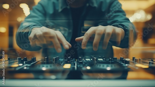 DJ Hands on Mixer at Night	