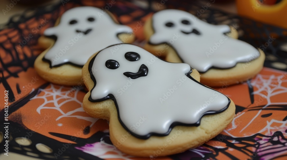 Spooky ghost cookies with white icing and black details, set on a festive Halloween-themed background. Spooky ghost cookies with white icing and black details, set on a festive Halloween-themed background.