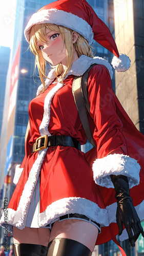 A festive Santa Claus costume displayed on an anime or cartoon version. 