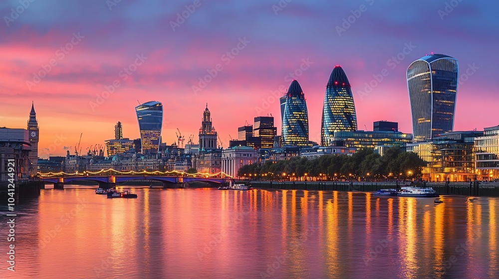 Panoramic view of London skyline at dusk with iconic skyscrapers. Panoramic view of London skyline at dusk with iconic skyscrapers.