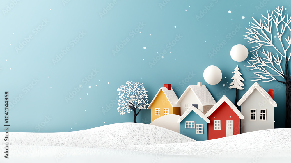 Naklejka premium Charming winter village a whimsical scene of paper cut houses in a snowy landscape