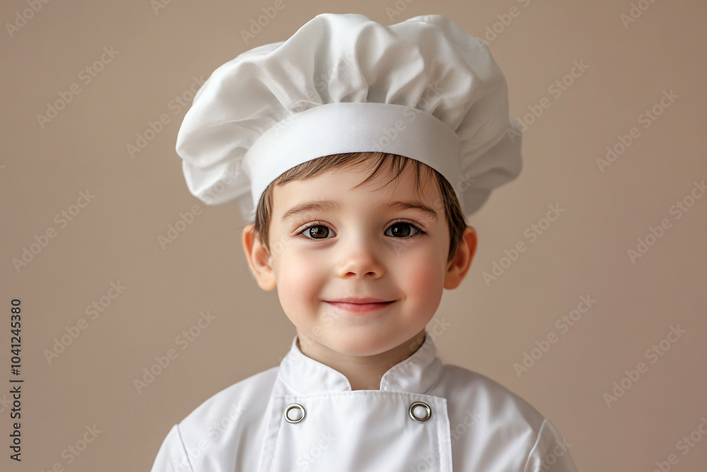 little boy in chef clothes on light brown background little boy in chef clothes on light brown background