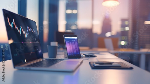 Sleek modern office interior featuring a stylish desk, laptop displaying financial charts, and smartphone showing stock market data. finance, business, success, professional,investment, innovation photo