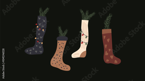 Christmas stocking long sock vector. Tree branch inside cute holiday apparel with garland for fireplace decoration. Merry Xmas tradition for advent party present drawing flat isolated design.