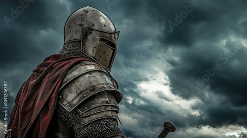 Warrior in medieval armor, iron helmet with a raised visor, standing against a stormy sky background. Dark, atmospheric mood.