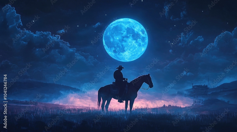 Western cowboy on horseback, silhouetted by a glowing blue full moon, in a serene, quiet landscape. Western cowboy on horseback, silhouetted by a glowing blue full moon, in a serene, quiet landscape.
