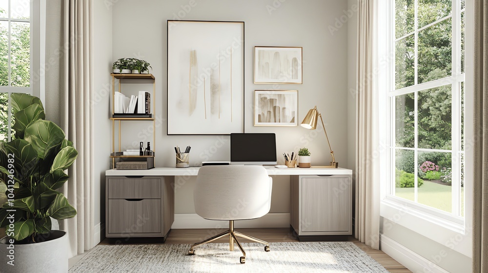 A modern home office with a large desk, a chair, shelves, and a window overlooking a backyard. A modern home office with a large desk, a chair, shelves, and a window overlooking a backyard.