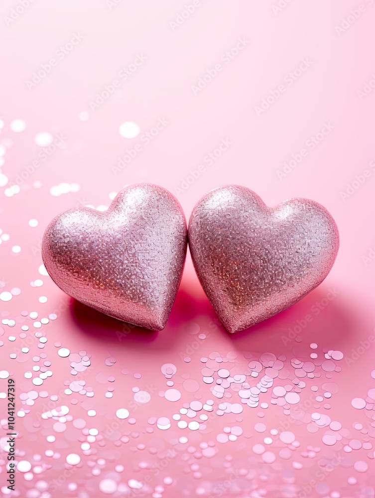 Obraz premium Valentines day festive background with two hearts In Shiny Background Valentine's Day glitter background
