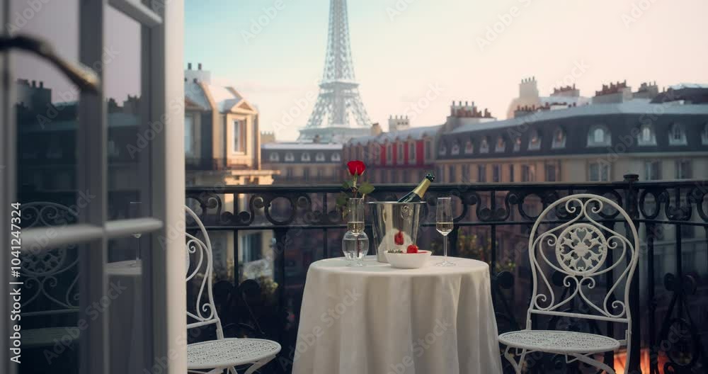 Beautiful Parisian Balcony with a Cooled Champagne Bottle, Glasses, and a Rose, Set Against the Iconic Eiffel Tower View. Scene Exudes Elegance and Romance, Perfect for a Tourist Escape