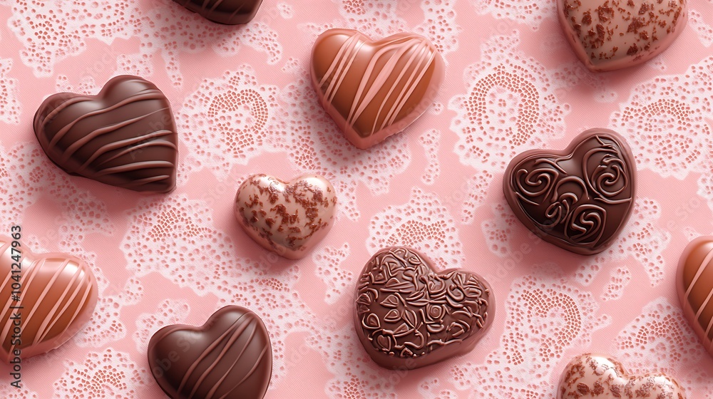 Lace overlay pattern with chocolate boxes and heart candies, delicate lace details on a light pink background, romantic and sophisticated style, intricate design, hd quality, seamless arrangement. Lace overlay pattern with chocolate boxes and heart candies, delicate lace details on a light pink background, romantic and sophisticated style, intricate design, hd quality, seamless arrangement.