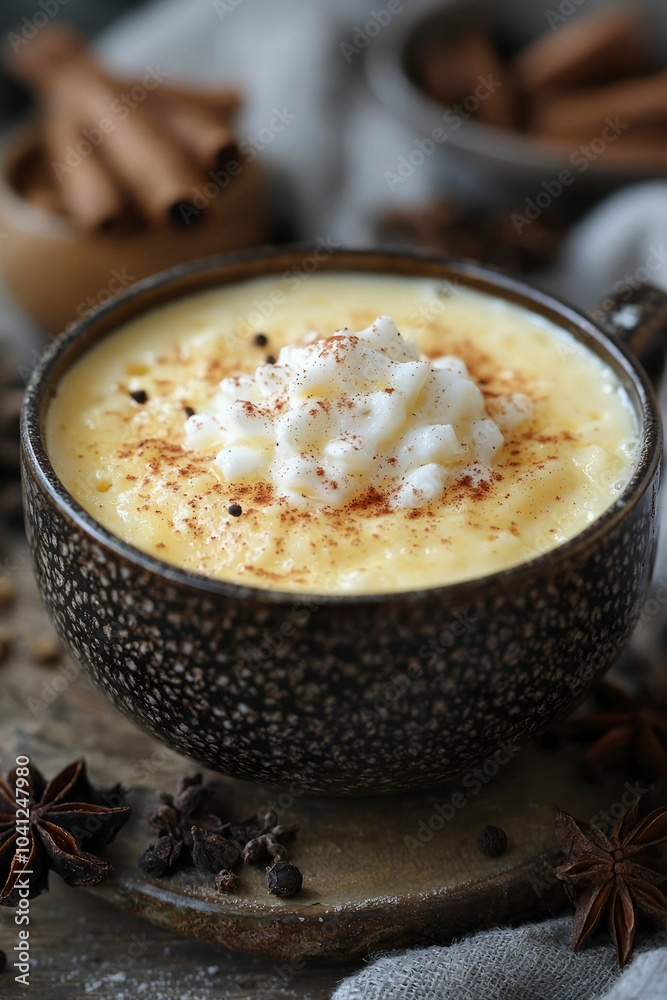 Creamy Dessert with Whipped Cream and Cinnamon in a Speckled Bowl Creamy Dessert with Whipped Cream and Cinnamon in a Speckled Bowl