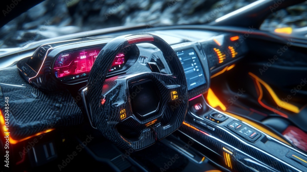 Futuristic Car Interior with Carbon Fiber and Neon Lights Futuristic Car Interior with Carbon Fiber and Neon Lights