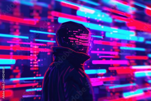 AI engineer silhouette, immersed in vibrant data streams and intricate code patterns, symbolizing the fusion of technology and creativity in a digital landscape.