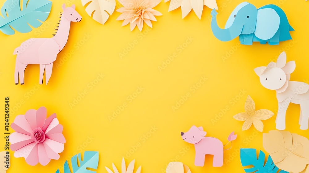 Naklejka premium Paper craft animals and flowers on a yellow background.
