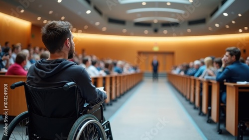 Inclusive Education: Attentive Student in Wheelchair Engaging in Lecture Hall Environment