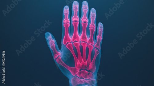 A detailed X-ray image of a human hand showcasing the bones in vibrant colors against a dark background, highlighting anatomical structure.