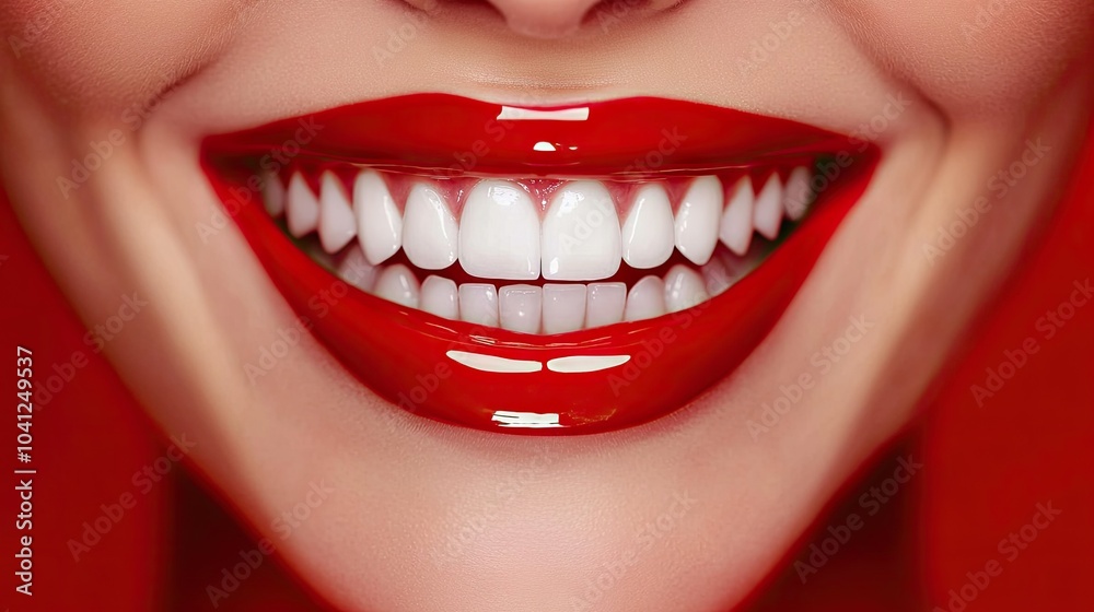 Naklejka premium A close-up of a woman's white teeth framed by glossy red lipstick, creating a striking and stylish beauty shot.