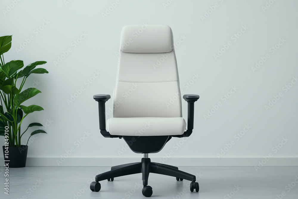 Sleek modern office chair against minimalist background with potted plant for contemporary workspace design Sleek modern office chair against minimalist background with potted plant for contemporary workspace design