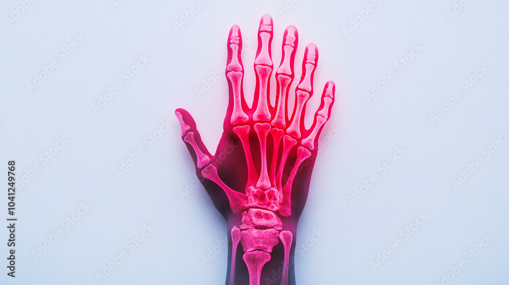 An artistic representation of a human hand with a pink skeletal structure, isolated on a white background, showcasing anatomy and design.