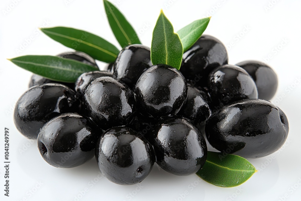 Black Olives with Green Leaves on White Background Black Olives with Green Leaves on White Background