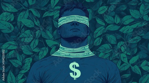 A conceptual image of a person blindfolded by money symbols, representing financial ignorance and sustainability. photo