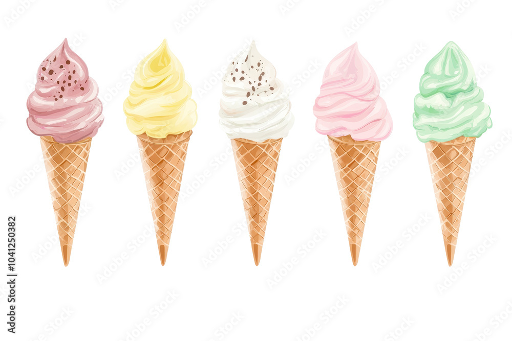 Five colorful ice cream cones in a row, featuring pink, yellow, white, green, and another pink flavor, on a transparent background. Five colorful ice cream cones in a row, featuring pink, yellow, white, green, and another pink flavor, on a transparent background.