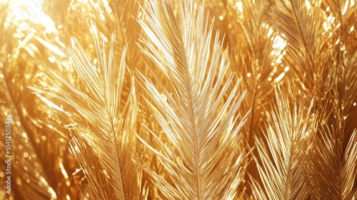A fan of luxurious golden peacock feathers laid against a rich gold background, evoking a sense of regal beauty and opulence.