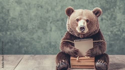 A cute bear sitting on a stack of books, holding a notebook, evoking a sense of curiosity and playfulness in a whimsical setting. photo