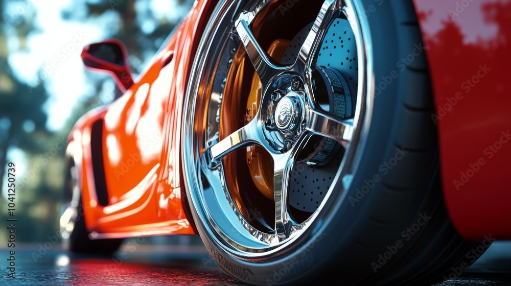 Close-up of a Red Sports Car's Chrome Wheel and Brake Rotor Close-up of a Red Sports Car's Chrome Wheel and Brake Rotor