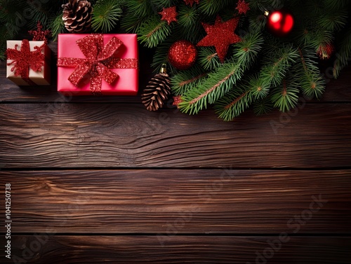 Christmas decorations on wooden background Flat lay top view copy space