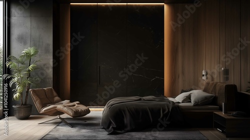 Wooden wardrobe with black marble doors in scandinavian style interior design of modern bedroom.
 photo