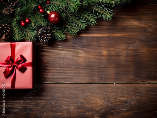 Christmas decorations on wooden background Flat lay top view copy space