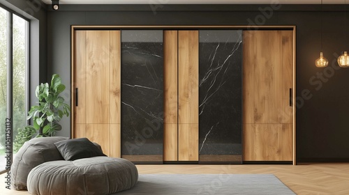 Wooden wardrobe with black marble doors in scandinavian style interior design of modern bedroom.
 photo