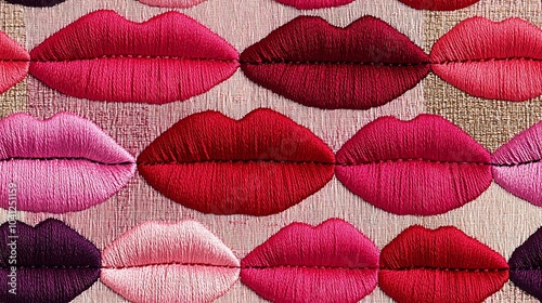 Pattern of stitched lips and kiss marks, embroidery style, various shades of red and pink on a fabric texture, handmade and cozy feel, hd quality, patchwork look, seamless repetition. photo