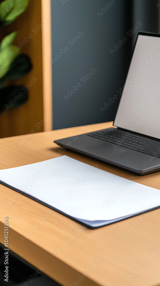 Modern workspace setup sleek laptop on minimalist desk with blank notebook and greenery in background Modern workspace setup sleek laptop on minimalist desk with blank notebook and greenery in background