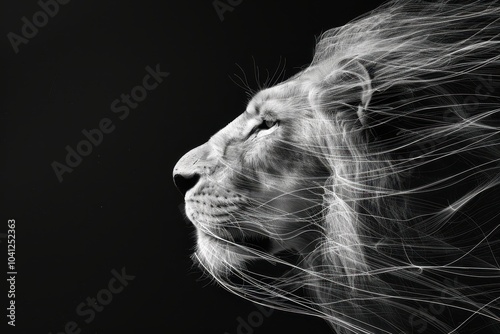 Monochrome Lion Design, a striking digital art depiction of a lion's profile, featuring dynamic lines on a black backdrop, embodies wildlife elegance for posters and prints. photo