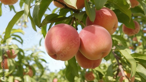 Ripe peaches hanging from a tree branch.