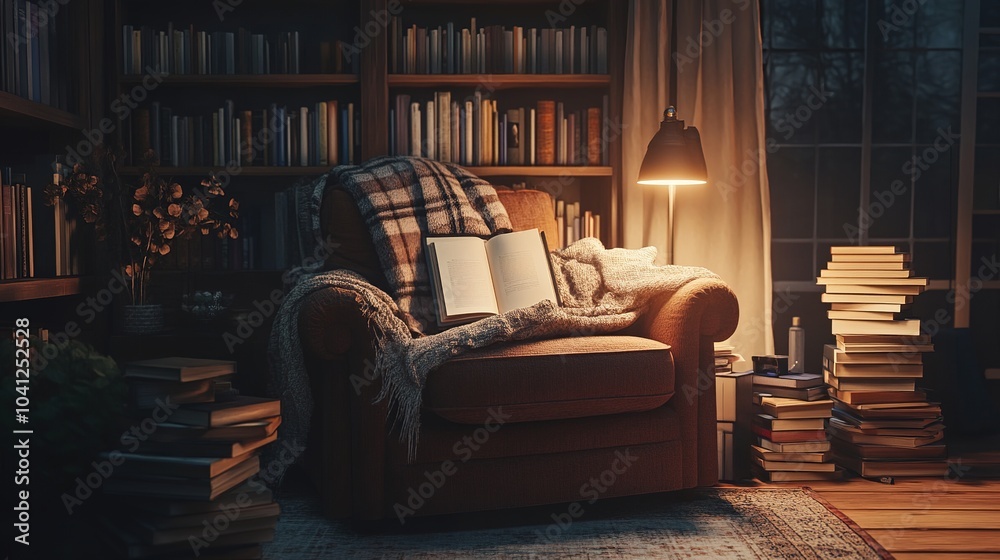 Cozy Reading Nook with Open Book and Warm Light Cozy Reading Nook with Open Book and Warm Light