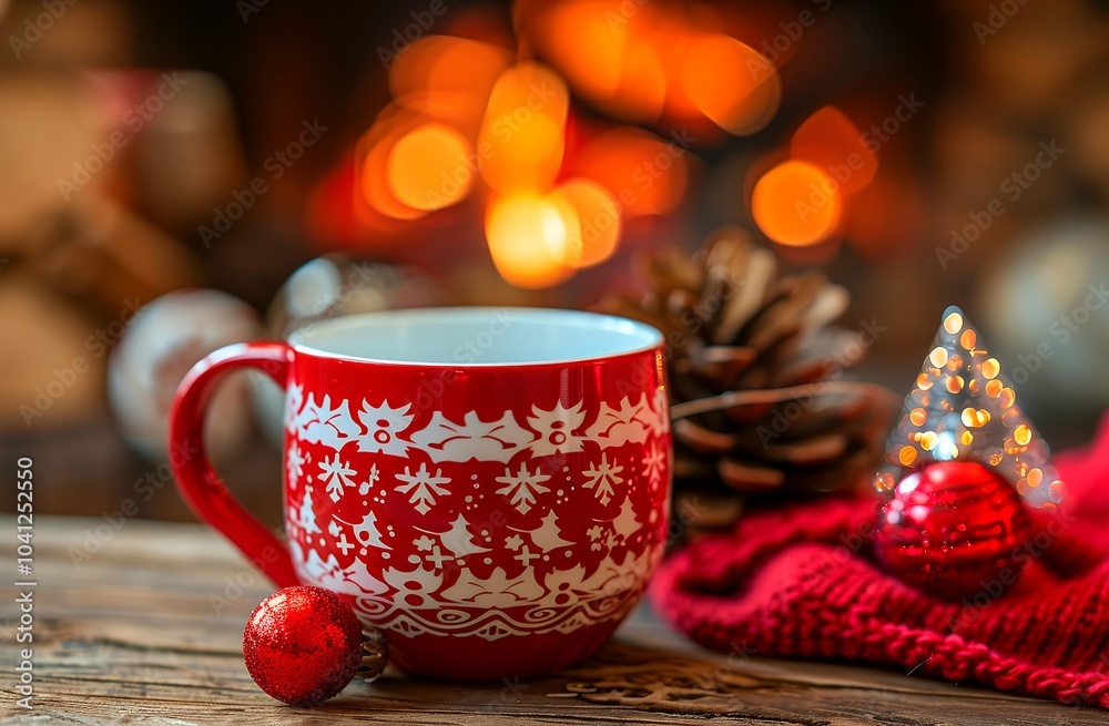 Red coffee cup on wooden table, festive, cozy vibe Red coffee cup on wooden table, festive, cozy vibe