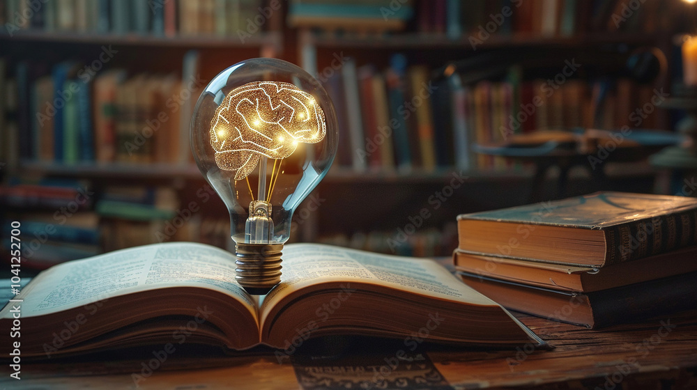 © AugusPic - a light bulb and human brain inside in open book on the table © AugusPic - a light bulb and human brain inside in open book on the table