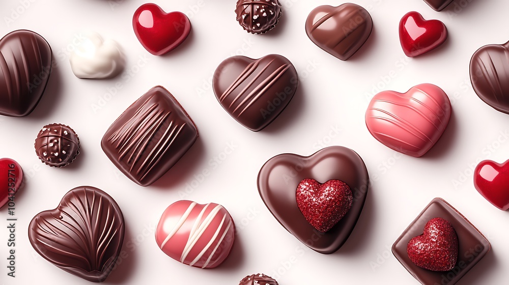 Seamless pattern of chocolate boxes and heart-shaped candies, classic style, rich red and pink color scheme, soft shadows on a white background, realistic textures, elegant arrangement, hd quality,