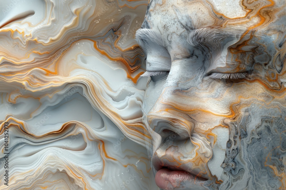 Marble Fusion, a surreal digital artwork merging a woman's face with intricate marble textures, evokes mystery and artistry in a striking portrait.