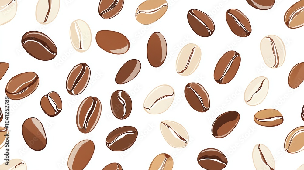A seamless pattern of coffee beans in various shades of brown against a white background. A seamless pattern of coffee beans in various shades of brown against a white background.