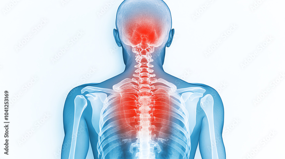 Anatomical illustration of human spine and back with highlighted areas of discomfort, representing pain and health issues, white isolate background. Anatomical illustration of human spine and back with highlighted areas of discomfort, representing pain and health issues, white isolate background.