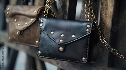 Black Leather Purse with Gold Chain and Studs