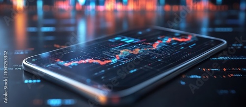 Wallpaper Mural Close-up of a smartphone with a stock market chart displayed on the screen. The screen is lit with vibrant colors and the background is a blurred city scape at night. Torontodigital.ca